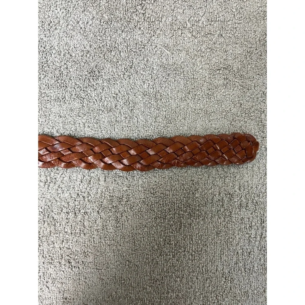 Cognac Brown Woven Braided Leather Belt Brass Buckle Size 44 954048